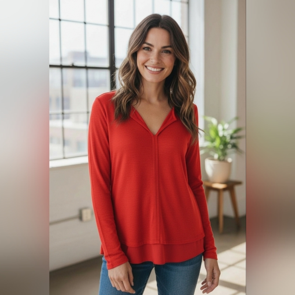 Sanctuary Hanna Scarlett Split V-Neck Long Sleeve Red Sweater Medium